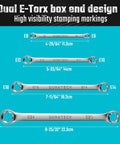 Four Piece E Torx Wrench Set With Double Box End Wrenches In Chrome Vanadium Steel showing sizes E6-E24 on blue background