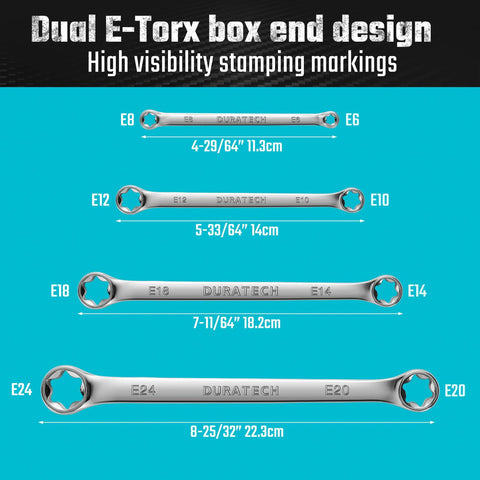 Four Piece E Torx Wrench Set With Double Box End Wrenches In Chrome Vanadium Steel showing sizes E6-E24 on blue background