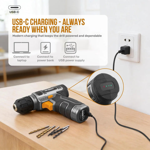8V USB Rechargeable Cordless Drill Set And Home Tool Kit with charger, showing power drill connected to USB-C outlet on table