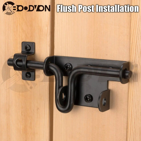 Beast Mode Heavy Duty Slide Bolt Gate Latch Black Powder Coated Steel Barn Door Hardware With Padlock Hole mounted on wooden door.