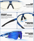 Close-up of Photochromic Cycling Sunglasses For Men And Women With UV Protection TR90 Frame In Navy Auto Tint Lenses features.