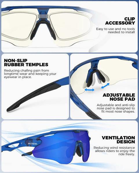 Close-up of Photochromic Cycling Sunglasses For Men And Women With UV Protection TR90 Frame In Navy Auto Tint Lenses features.
