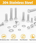 Built Like Iron 456 Piece Stainless Steel Bolt And Nut Assortment Kit Packing Heavy Duty Hex Fasteners with flat washers.