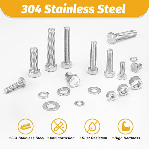 Built Like Iron 456 Piece Stainless Steel Bolt And Nut Assortment Kit Packing Heavy Duty Hex Fasteners with flat washers.