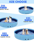 Size options for Massive 87 Inch Dog Pool With Sprinkler 2 In 1 Foldable Splash Pad, showing 2XL, 3XL, and 4XL models with dogs.