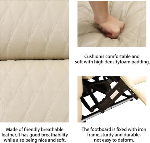 Close-up of khaki Power Recliner Sofa Set With LED Lighting And USB Charging, showing leather texture, padding, and frame details.
