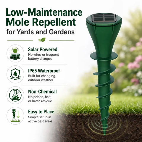 Image of a solar powered mole repellent stake with ultrasonic pulses and ground vibration, highlighting features like IP65 waterproof and easy placement.