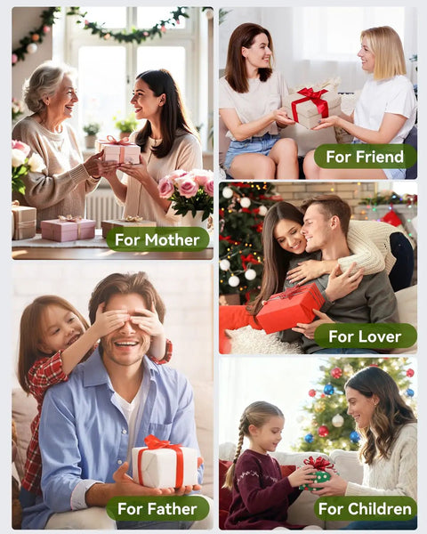 Collage of Christmas gift-giving moments with family members and friends.