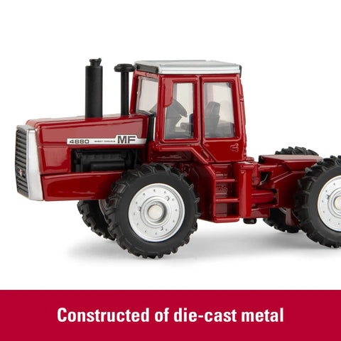 Side view of Scale Model Massey Ferguson 4880 4WD Diecast Tractor Toy for Kids One Sixty Four Scale with realistic cab windows and rubber wheels