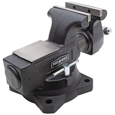 Heavy Duty 5 And A Half Inch Mechanics Work Bench Vise With Secure Grip Swivel Base For Woodworking And Metalworking Featuring 60,000 PSI Cast Iron Construction And Extra Large Anvil Surface Built Like A Tank For Pro Grade Projects, black bench vise