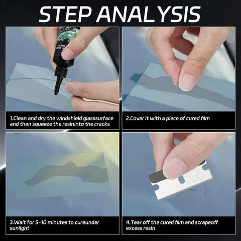 2026 Upgraded Windshield Crack Repair Kit step-by-step usage for DIY glass repair on windshield with applicator and curing film.