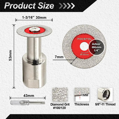 Five Pack Dope Mini Diamond Glass Cutting Disc Set With 30mm Blades And Five Eighths Eleven Flange And Screwdriver dimensions