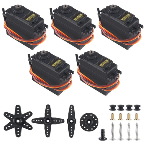 MG995 Metal Gear Servo Motor Pack Of 5, 180 Degree with metal gears and accessories for RC cars and robots.