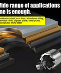 Front view of a five-piece high-speed steel hole saw drill bit set (16–25 mm) beside stacked metal plates.
