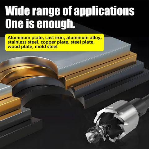 Front view of a five-piece high-speed steel hole saw drill bit set (16–25 mm) beside stacked metal plates.