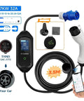 Plug N Play Portable EV Charger J1772 To Type2 7Kw 32A Fast Charging Cable with Bluetooth, 3.5M cord, and app control.