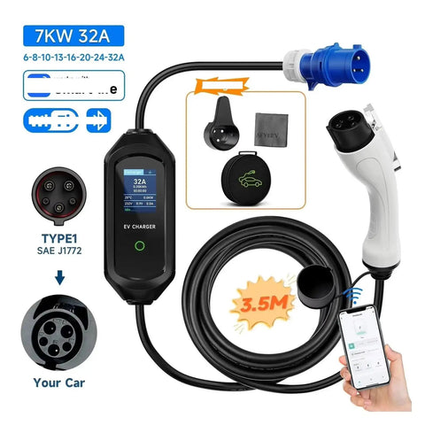 Plug N Play Portable EV Charger J1772 To Type2 7Kw 32A Fast Charging Cable with Bluetooth, 3.5M cord, and app control.