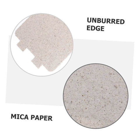Close-up of 5 Pack Mica Flakes Microwave Oven Heat Resistant Plates Insulation Sheet Replacement, showing unburred edge and mica paper texture.