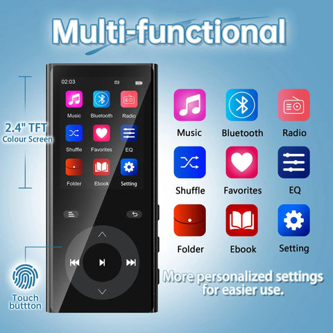 90GB MP3 Player With Bluetooth 5.3 Expandable To 256GB With Dual TF Card Slots, touchscreen showing music and settings apps