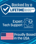 Graphic showing lifetime warranty, expert tech support, USA flag