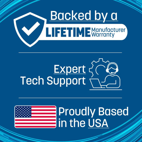 Graphic showing lifetime warranty, expert tech support, USA flag