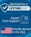 Image showing Lifetime Manufacturer Warranty, Expert Tech Support, and Proudly Based in the USA with American flag.