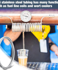 1/4 in x 50 ft 304 stainless steel tubing coil for wort cooling, mounted around a copper pipe with a pressure gauge.