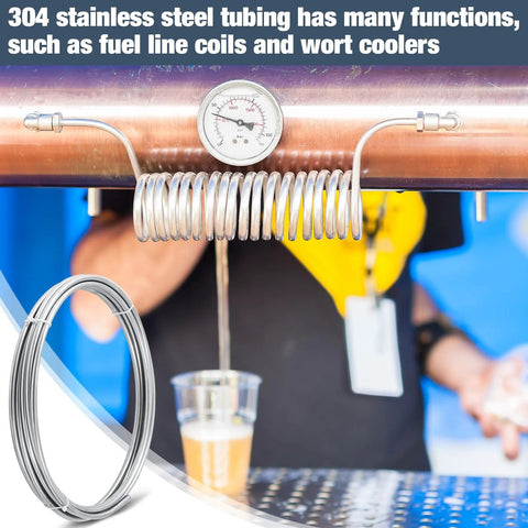 1/4 in x 50 ft 304 stainless steel tubing coil for wort cooling, mounted around a copper pipe with a pressure gauge.