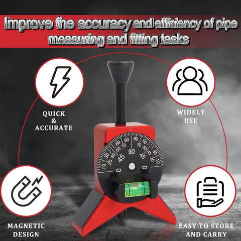 Pipe center finder with magnetic centering head and bubble protractor; red and black for 1.5–6 in pipe diameters
