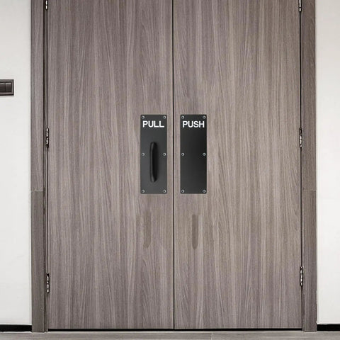 Stainless Steel Door Handles Set, 4 Pack, 12x4 Inches, Black Finish, Pull And Push Plates With 24 Screws, Commercial Grade Handles For Office, Home, And Retail Doors on wood doors