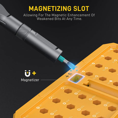 42 In 1 Magnetic Screwdriver Set With 8 45mm Heads And 32 25mm Bits For Game Consoles Tablets Ring Doorbells Glasses And DIY Electronics Yellow Pro Grade Compact Precision Repair Kit For Home Tech Fixes showing magnetizing slot feature