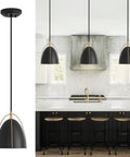 Dope Black Dome Pendant Light With Gold Trim For Kitchen Island And Dining Room Modern Hanging Fixture, adjustable height, E26 base