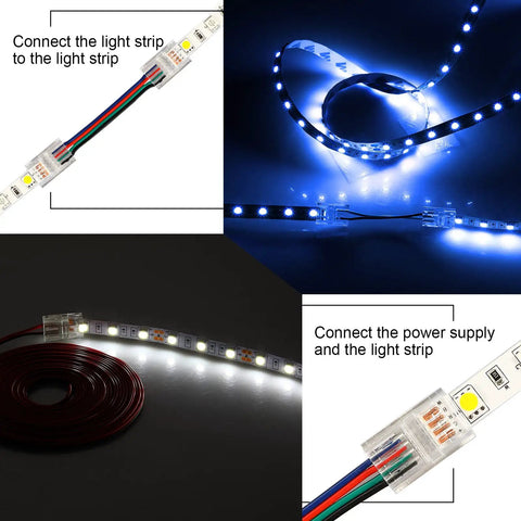20 Pack 4 Pin 10mm Solderless LED Strip Connectors Transparent Wire Adapters 16.4ft Set for 5050 LED Strips Track Lighting