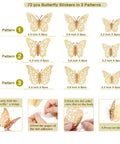 72 Pcs Gold Butterfly Decorations Set With Three Sizes And Three Styles 3D Wall Decor for Craft Projects and Cake Decorating
