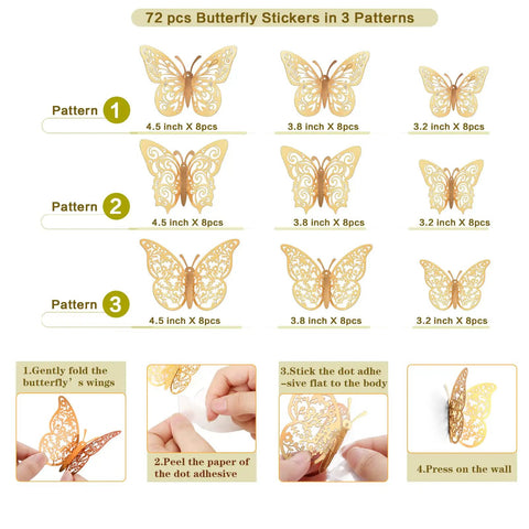 72 Pcs Gold Butterfly Decorations Set With Three Sizes And Three Styles 3D Wall Decor for Craft Projects and Cake Decorating