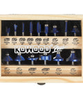 15 Piece Router Bit Set For Woodworking With Upgraded C3 Carbide Bits And Durable Bearings shown in blue case