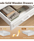Open drawer of L Shaped Electric Standing Desk With Four Wooden Drawers 55 Inch Height Adjustable Corner Desk With Power Outlets Space Saving Sit Stand Table For Home Office White Ideal For Any Space showing interior items.