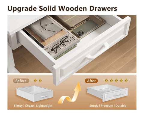 Open drawer of L Shaped Electric Standing Desk With Four Wooden Drawers 55 Inch Height Adjustable Corner Desk With Power Outlets Space Saving Sit Stand Table For Home Office White Ideal For Any Space showing interior items.