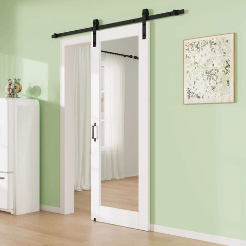 28 Inch By 80 Inch Mirror Barn Door With 72 Inch Track Kit Built To Last Solid Core MDF Sliding Door For Closet And Kitchen Paintable White Panel With Sound And Thermal Insulation Easy To Clean installed in a green room