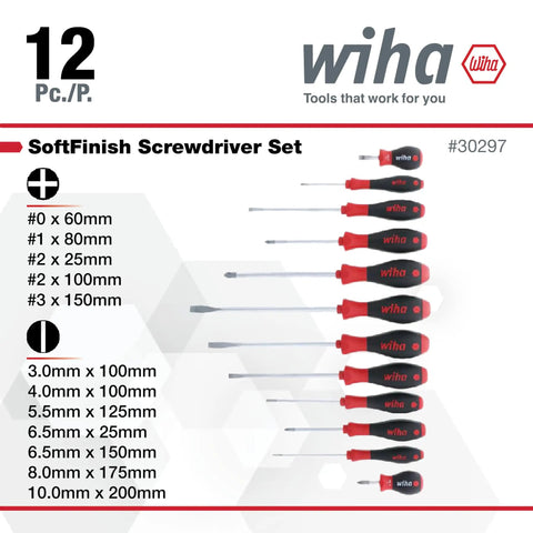 12 Piece Slotted And Phillips Screwdriver Set With Soft Finish Cushioned Handles For Comfort And Control Includes Slotted Sizes 3.0, 4.0, 6.5, 8.0, 10.0 Millimeters And Phillips Numbers 0, 1, 2, 3 For Home, Workshop And Professional Repairs