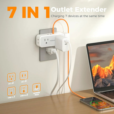 Compact 7 In 1 Wall Outlet Extender Converts One Socket To Four AC Outlets And Three USB Charging Ports Making Your Home Desk A Hella Smooth Charging Setup With Zero Sweat Ever Needed, mounted on a wall.