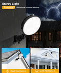 Mega Bright 150W Dusk To Dawn Outdoor Yard Light With 20000LM Output, 6500K Daylight, mounted on building exterior in rain