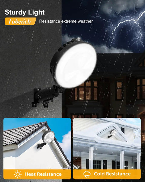 Mega Bright 150W Dusk To Dawn Outdoor Yard Light With 20000LM Output, 6500K Daylight, mounted on building exterior in rain