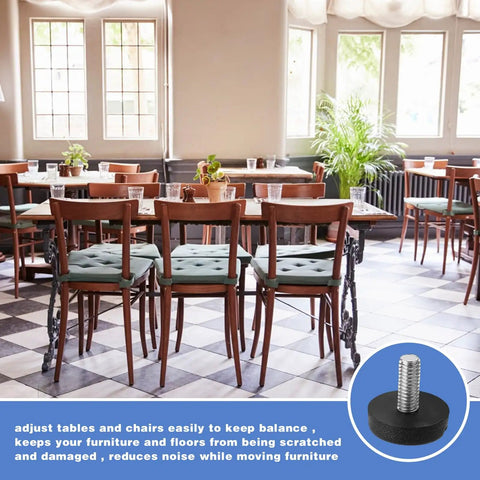 Cafe setting with 12 Pack Adjustable Furniture Leveling Feet For Tables Chairs Cabinets And Desks Heavy Duty Screw On Levelers inset image