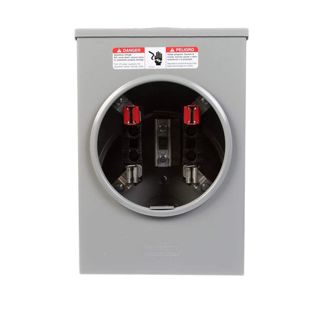 Front view of 100 Amp Ring Type Meter Socket For Residential Use Ring Style Overhead Meter Enclosure With 125 Amp Rating Steel Construction.