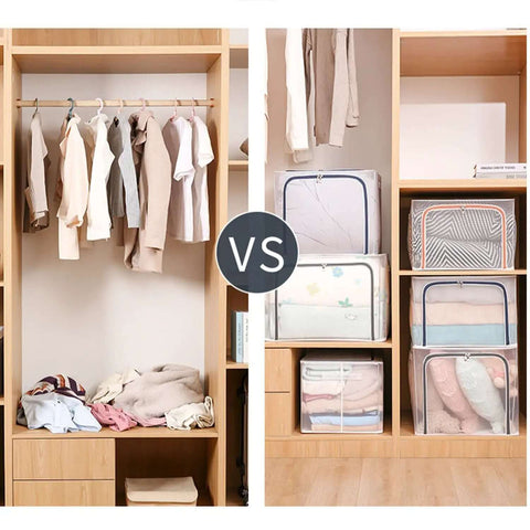 Closet organization comparison with and without Huge 80L Foldable Storage Bins Organizer With Metal Frame And Durable Handles Clear And Gray 3 Pack.