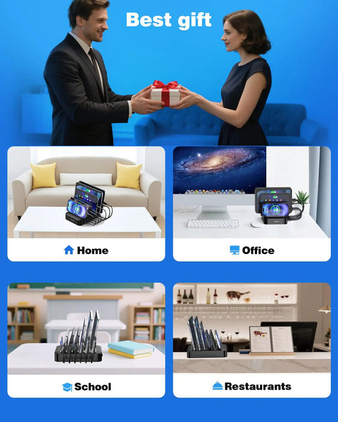 6 Port USB Charging Station Organizer For Multiple Devices With 6 Cables in various settings such as home, office, school, and restaurant.