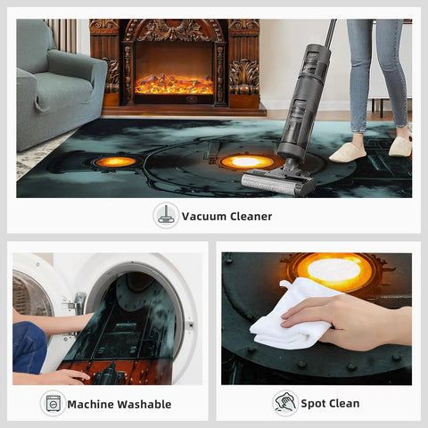 Locomotive Train Rug 2x3 Foot Indoor Non Slip Washable Carpet For Living Room Hallways And Kid Friendly Playrooms Dorms Cozy Durable Soft Flannel Rug Easy Clean being vacuumed, showing cleaning features