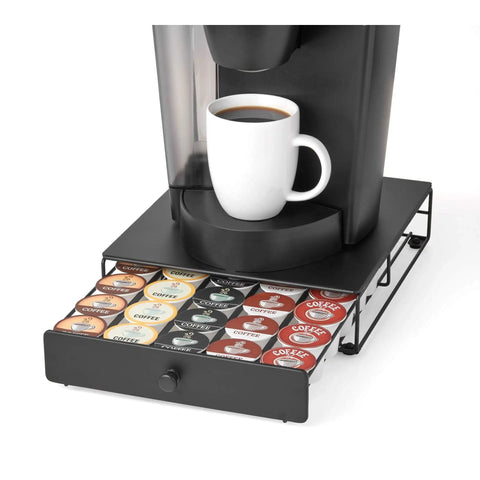 Under Coffee Pot Storage Sliding Drawer Space Saver For K Cup Pods, Black, 30 Pod Capacity, Non Rolling, Compact Counter Organizer For Home Kitchen Fits Most K Cup Pods, Keeps Counters Clean, Easy Slide, Non Slip Base, Black Finish