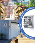 Heavy Duty 24 Inch Shutter Exhaust Fan installed in various settings: warehouse, greenhouse, garage, chicken coop